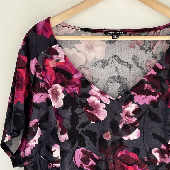 Roz & Ali Velvet Top Size 3x V-Neck Floral Short Sleeve Shirt Jewel Tones - Picture 2 of 8